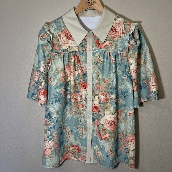 The Unbranded Brand Tops - Floral Button Up Shirt Ruffles VTG Inspired 80s Green‎ Cottagecore Grandma Sz XL